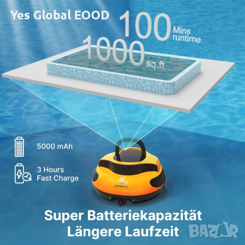 POOLPURE 2025 безжичен робот за почистване на басейн 100 мин, снимка 3 - Басейни и аксесоари - 52803736