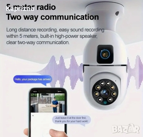  Wi fi безжична въртяща се двойна камера за фасунга крушка , снимка 4 - IP камери - 52281933