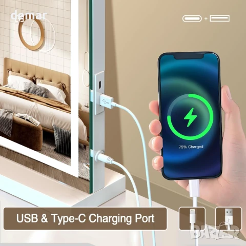 halumao Холивудско огледало за тоалетка/стена с осветление, с USB портове, 58 x 48 см, снимка 4 - Огледала - 50779825