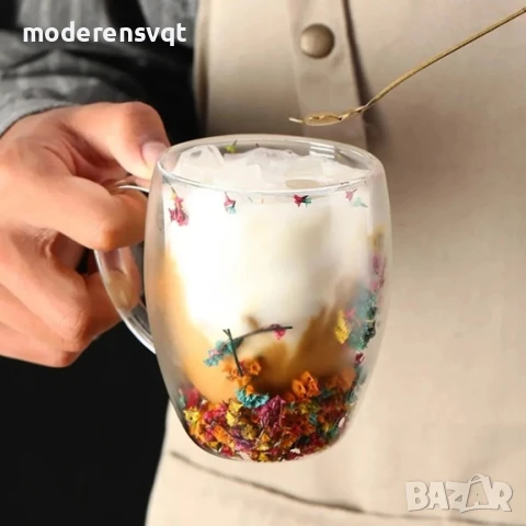 Стъклена чаша двустенно стъкло с цветя за кафе и чай 250 мл, снимка 3 - Чаши - 51204470