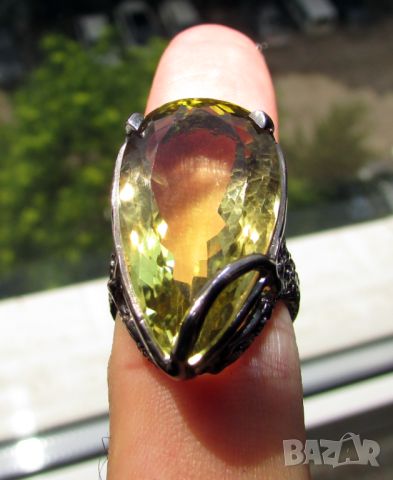 925 сребърен пръстен с лимонов кварц 25 карата, камък 27x15мм, общо тегло 13.2гр., снимка 3 - Пръстени - 46388444