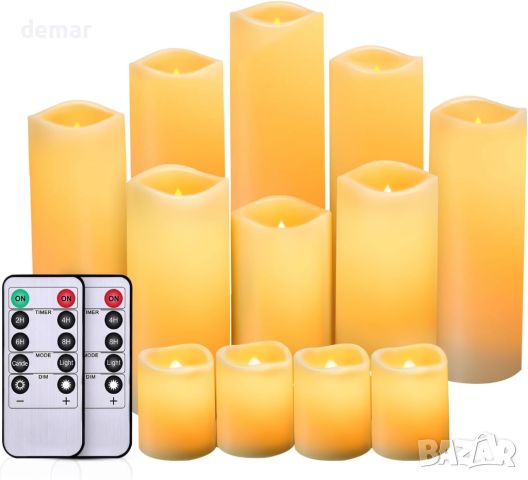 IMAGE Безпламъчни трептящи свещи, водоустойчиви LED стълбовидни, работещи с батерии,за декор,12 броя