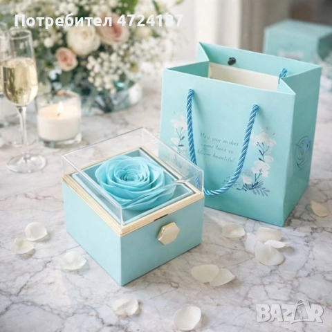 Луксозна подаръчна кутия с консервирана синя роза и въртящо се чекмедже