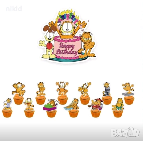 Гарфилд Happy Birthday картонен топер 12 бр топери украса декор парти рожден ден торта мъфини, снимка 2 - Други - 52136906