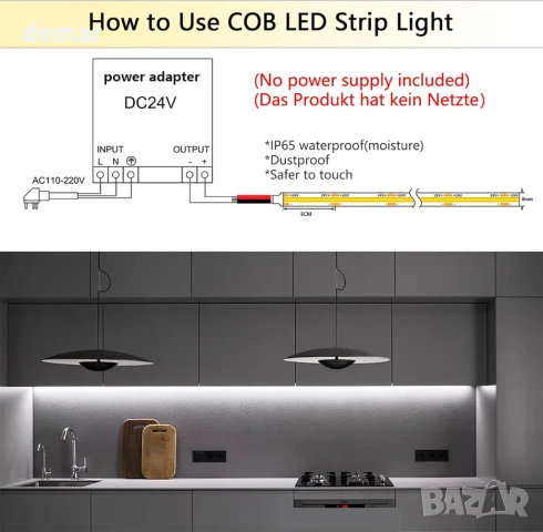 SIRYYUI IP65 COB LED лента 5 метра, 24V, водоустойчива, 480 LED/м, 6000K, 8 мм, без захранване, снимка 4 - Лед осветление - 51418157