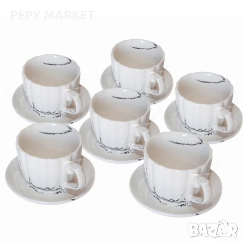 Комплект керамични чаши Сервиз от шест чаши с чинийка за топли напитки, чай или кафе, в красива карт, снимка 1