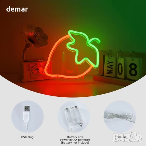 WIOSOUL LED Неонова табела с форма на ягода, 18,5x25 см, батерии или USB, снимка 5 - Лед осветление - 51189124