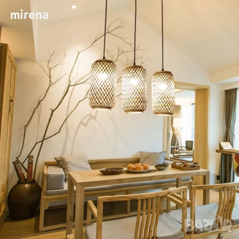 Полилей Лампа VENUS ратанова с три глави винтидж 50 см черна основа, снимка 15 - Лампи за таван - 51423444