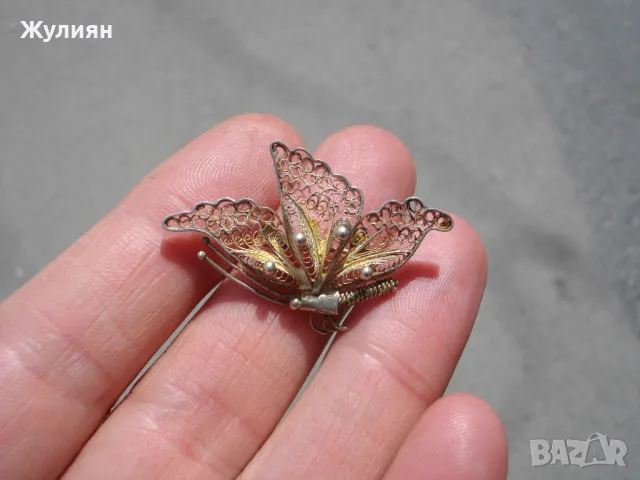 СТАРА СРЕБЪРНА БРОШКА ПЕПЕРУДА ФИЛИГРАН , снимка 1