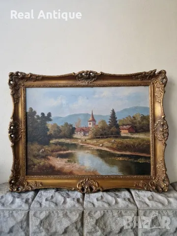 Прекрасна антикварна авторска холандска картина масло върху платно , снимка 1