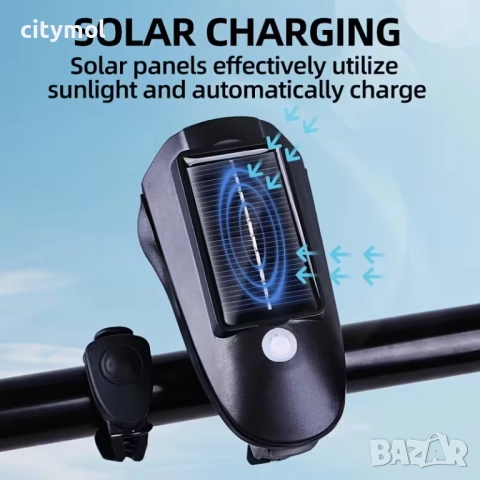 Соларен фар и клаксон за велосипед/скутер, 3 режима, акумулаторна батерия, снимка 5 - Аксесоари за велосипеди - 51830903