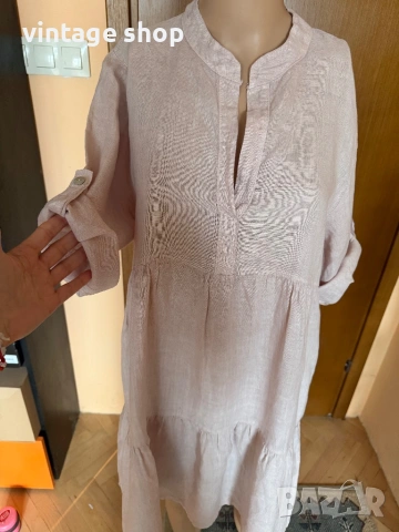 Ленена рокля в бледорозов цвят, размер L, снимка 4 - Рокли - 54080592