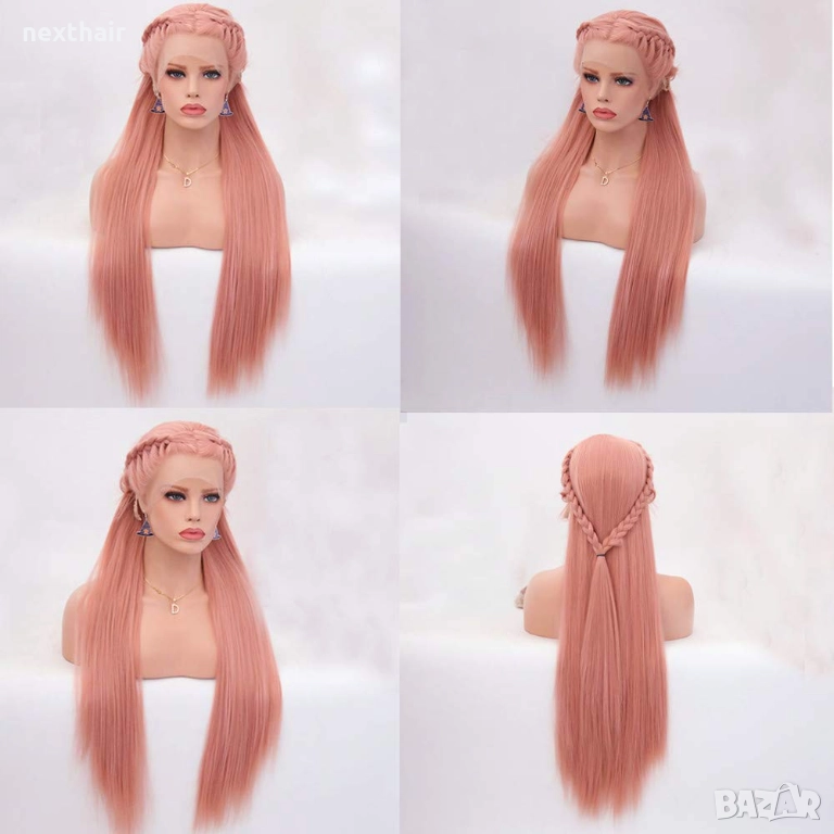 Права розова синтетична перука 80 см с две предни плитки и лейс фронт 13×4, снимка 1
