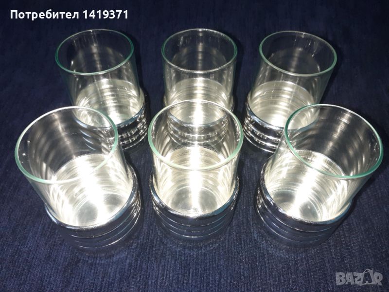 Ретро комплет от 6 малки чашки / чаши за алкохол / ракия с метална основа, снимка 1