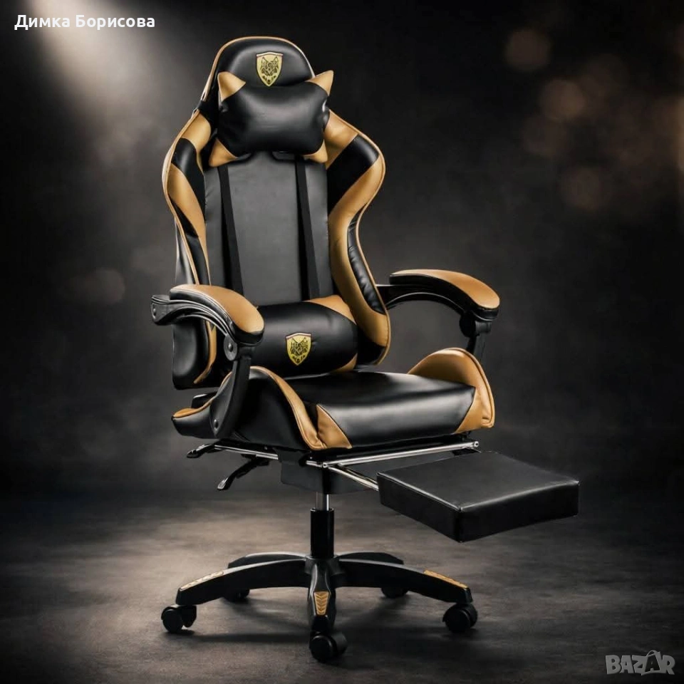 Черен геймърски стол с златисти акценти и разтегляема поставка за крака , снимка 1