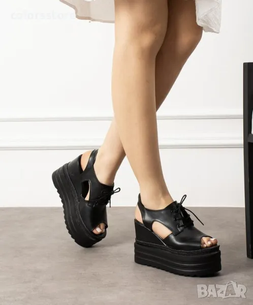 Сандали на платформа - черна кожа - SJN88, снимка 1