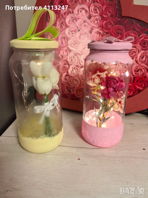 Ръчно изработени декоративни буркани с цветя и нежно осветление , снимка 1
