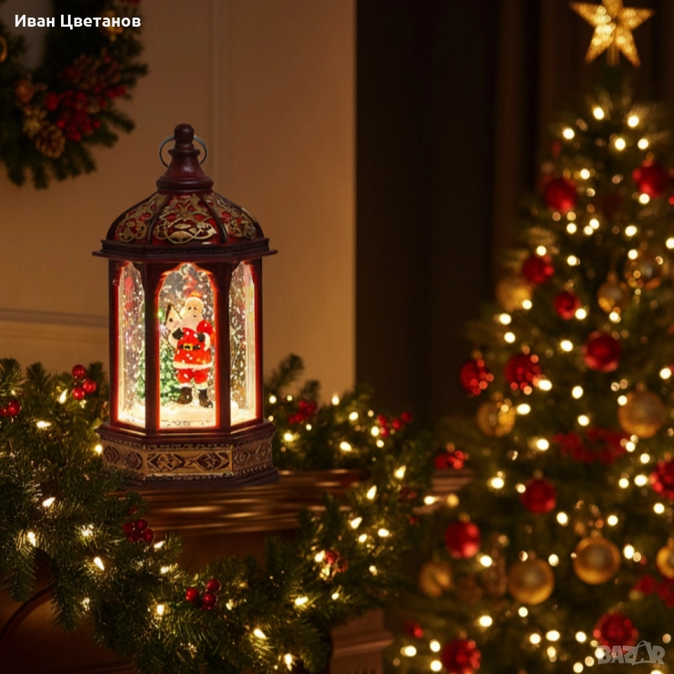 Коледен светещ фенер с въртящ се снежен ефект – уют и коледна магия, снимка 1