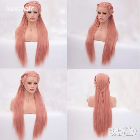 Права розова синтетична перука 80 см с две предни плитки и лейс фронт 13×4