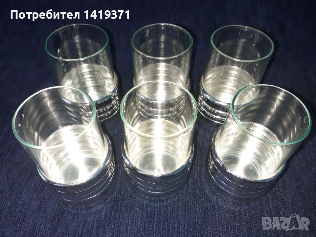 Ретро комплет от 6 малки чашки / чаши за алкохол / ракия с метална основа, снимка 1 - Чаши - 45607408