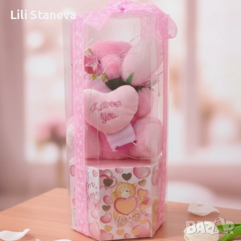 Подаръчен комплект с плюшено мече и надпис „Love you“ в прозрачна кутия. , снимка 6 - Декорация за дома - 53058379