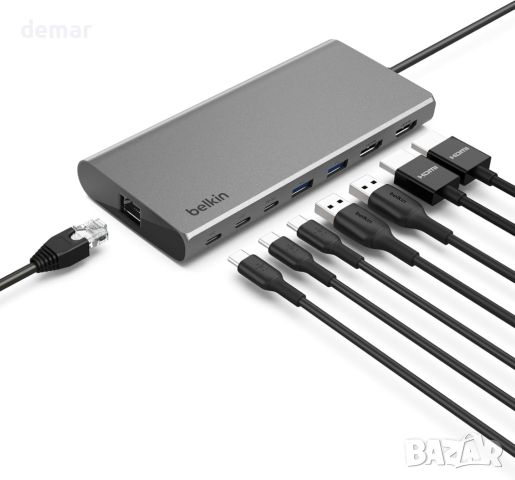 Belkin USB-C 8 в 1 хъб,2 USB-C, 2 USB-A, 2 HDMI, Ethernet и 100 W порт, снимка 2 - Кабели и адаптери - 46633818