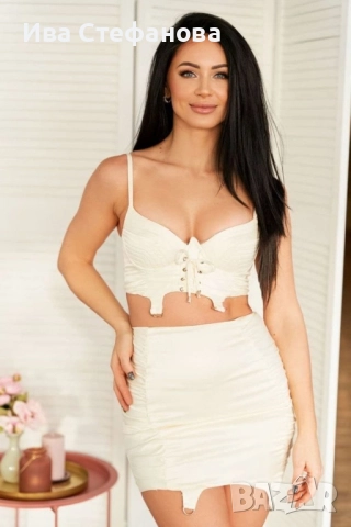 Нов бял елегантен сатенен сатен сет костюм комплект от две части пола и топ Oh Polly , снимка 4 - Костюми - 50121688