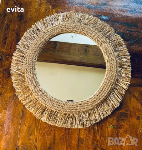 🌿Дизайнерско огледало от рафия – ръчно изработен бохо акцент за уютен и модерен дом, снимка 14 - Огледала - 53881746