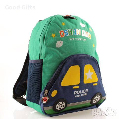 Детска раница Полиция, Зелена със синя полицейска кола, снимка 1 - Раници - 46362353