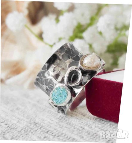 Сребърен пръстен с подвижна въртяща халка с камъни и перла, уникален бутиков дамски пръстен, снимка 2 - Пръстени - 46017791