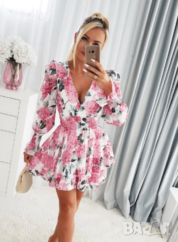 Ефирна дамска рокля с дълъг ръкав, V-образно деколте