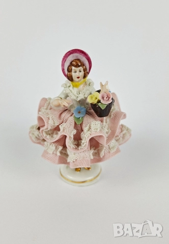 Порцеланова балерина с розова рокля и кошница - Sandizell, Dresden