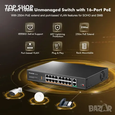 MokerLink 16-портов PoE switch с 2 Gigabit Uplink Ethernet прт, снимка 2 - Суичове - 48481972