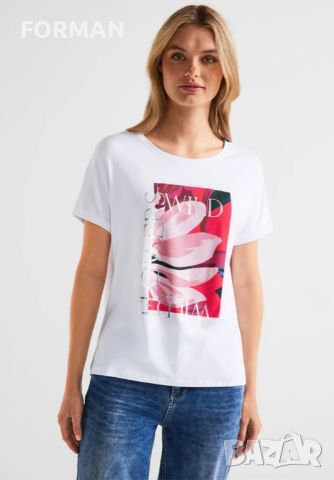 УНИКАЛНА тъничка и лека бяла блуза с розово-червена-сребриста щампа, снимка 1 - Тениски - 45535911