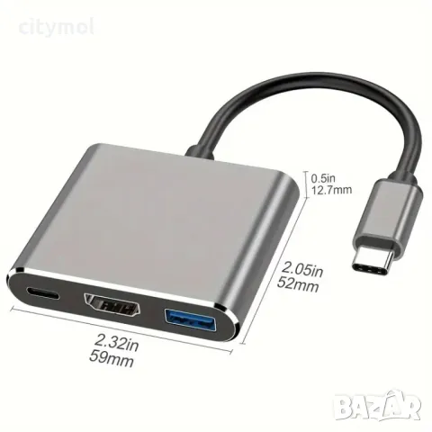 Хъб USB C към HDMI адаптер, Type C to HDMI 4К, USB 3.0 and Type C PD, снимка 2 - Други - 47892189