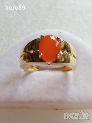 Позлатен сребърен пръстен с карнелиан, снимка 3 - Пръстени - 46475880