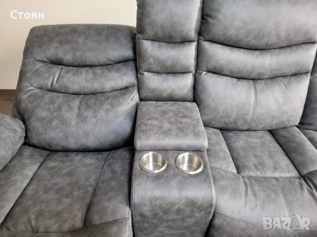 Сив ъглов диван от плат с лежанка с ръчен релаксиращ механизъм, снимка 9 - Дивани и мека мебел - 53693611