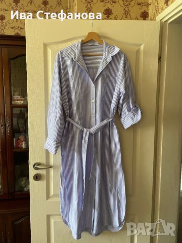  нова памучна памук класическа ежедневна елегантна синя рае нова дълга  рокля  риза, снимка 1 - Рокли - 43610635