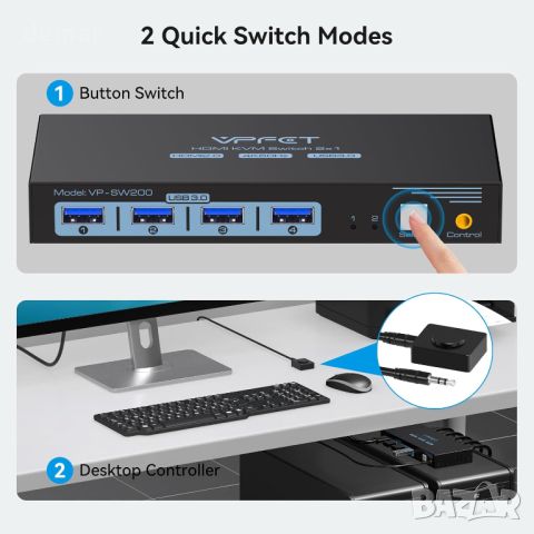 HDMI KVM превключвател 2 компютъра 1 монитор 4K@60Hz USB 3.0 и 4 USB 3.0 устройства, снимка 5 - Друга електроника - 46788528