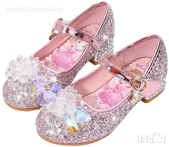 Брокатени обувки с кристални орнаменти, нисък ток, принцеса Елза. Размер 33, снимка 3 - Детски обувки - 53156606