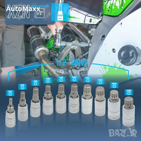 Комплект от 10 вложки Haskyy 1/2 инча, хром-ванадиева стомана, размери M4-M18 , снимка 3 - Гедорета - 54075386
