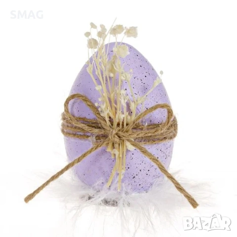 Великденско декоративно яйце, лилаво, с пръски, с основа пънче и пера – Ø 6×8см_1233660