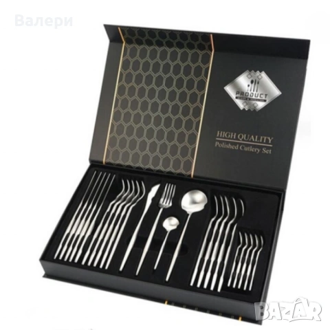 Комплект прибори за хранене в сребрист цвят от 24 части с луксозен дизайн и магнитна кутия, снимка 5 - Прибори за хранене, готвене и сервиране - 53201360