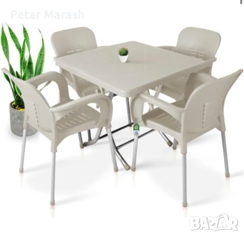 Сгъваема маса 80х80 + 4 удобни стола с подлакътници – за двор, балкон, тераса, снимка 2 - Градински мебели, декорация  - 50634244
