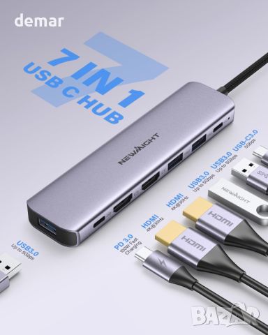 USB C към HDMI адаптер, Newmight 7 в 1 USB C докинг станция с 2 HDMI, 3 USB3.0, 100 W PD, USB C 3.0, снимка 2 - Друга електроника - 45685865