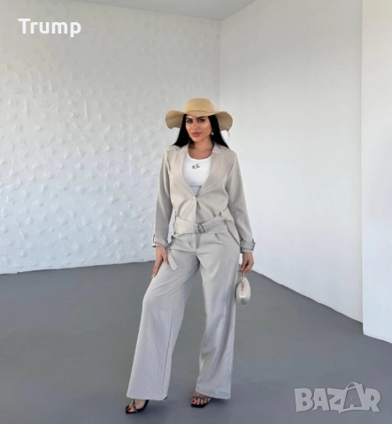 Елегантен комплект от скъсено сако и панталон,  фино рае, цвят нежно бежаво, снимка 2 - Костюми - 53931167
