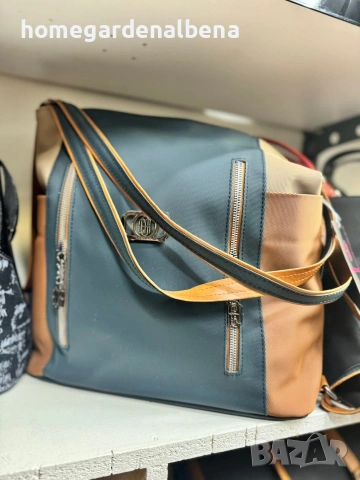 Дамска чанта за рамо синьо-сиво камел текстил два джоба с цип голяма