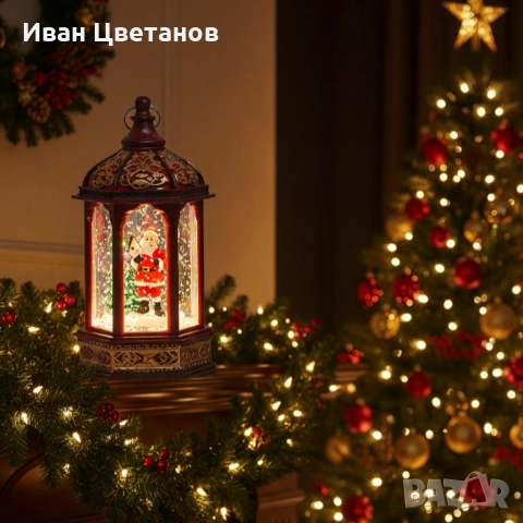 Коледен светещ фенер с въртящ се снежен ефект – уют и коледна магия