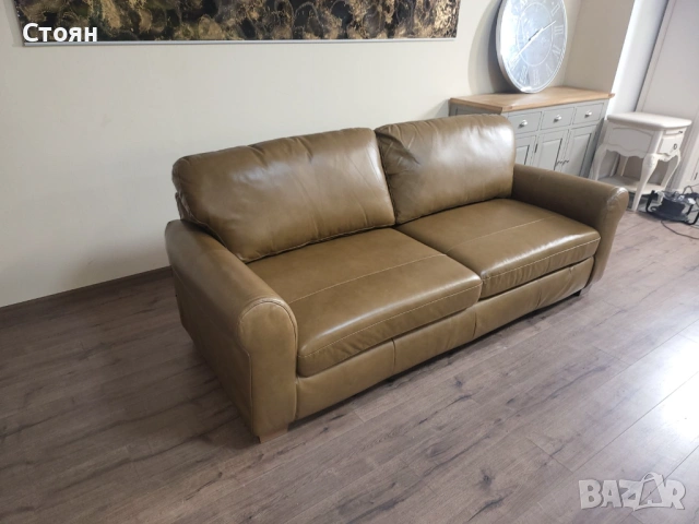 Светло кафяв кожен диван четворка, снимка 5 - Дивани и мека мебел - 53721125