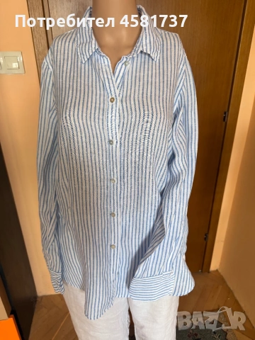 Летен сет- ленена риза райе синьо и бяло и бял летен панталон